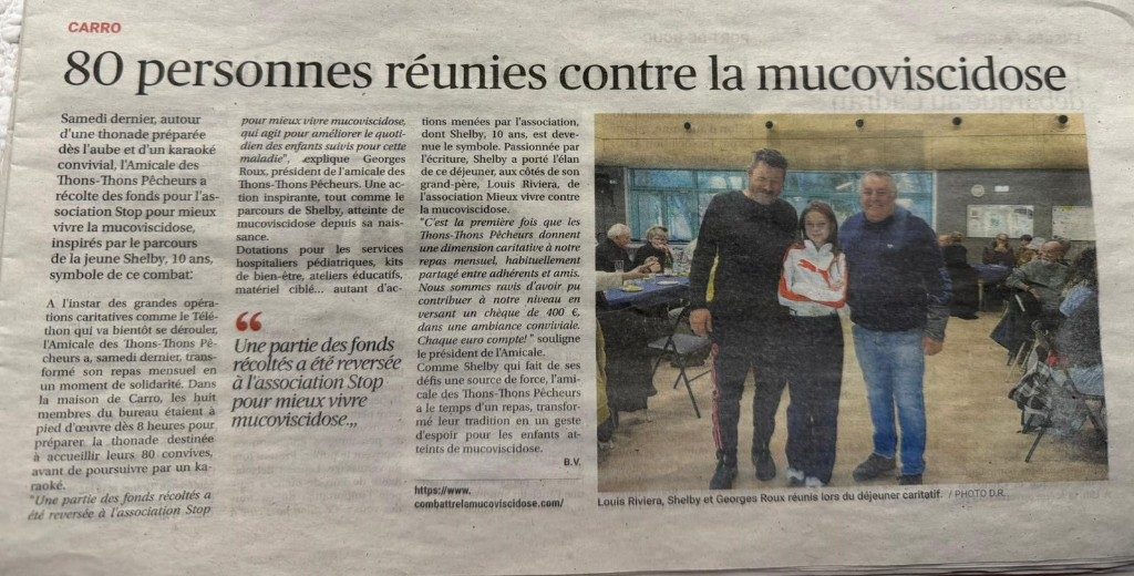 Article de presse : 80 personnes réunies contre la mucoviscidose à Carro — Louis Rivierra, Shelby et Georges Roux